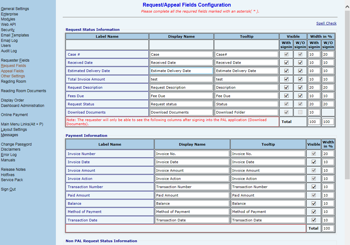 Configuration settings for request and payment information in a web application interface.